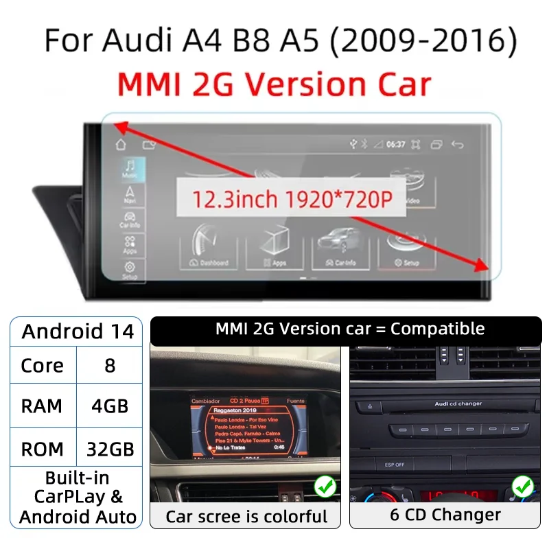 Nunoo Für Audi A4 B8 A5 2008-2017 MMI 2G 3G Android 14 Drahtlose Carplay Auto Radio Bildschirm auto Multimedia-Player GPS Navi Stereo DSP 10