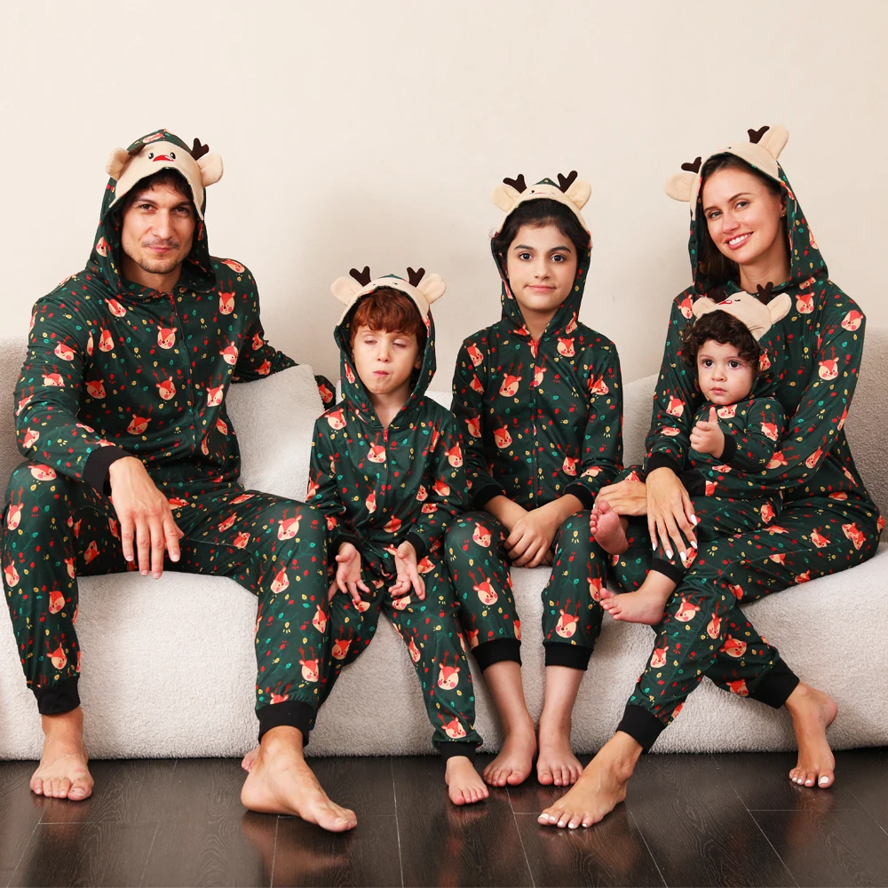 Christmas Family Matching Outfits Ear Long Sleeves Romper Cute Onesie Hooded Zipper Jumpsuit Pajamas 2026 New Xmas Look Wear