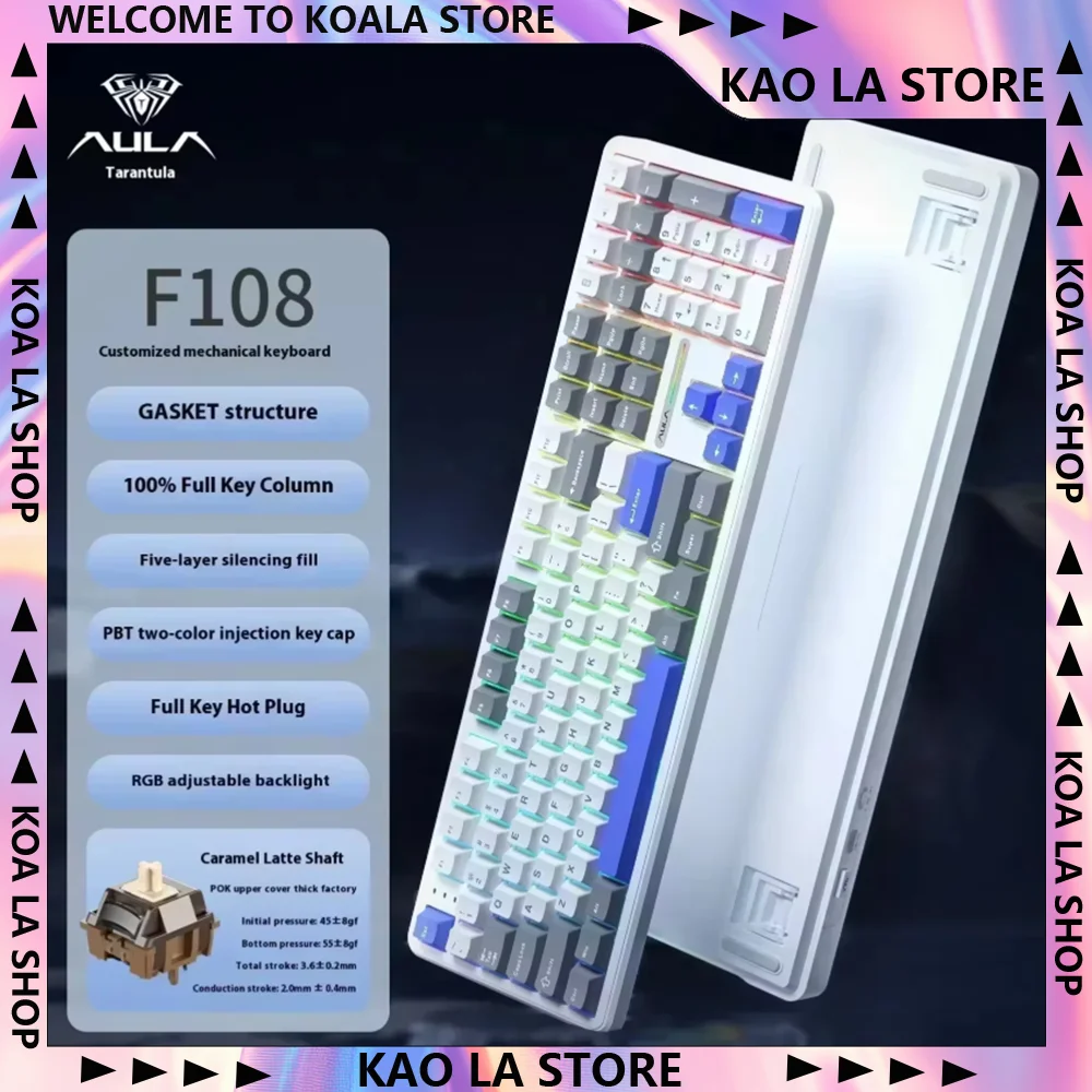 

AULA F108 Pro Wireless Mechanical Keyboard 3-Mode Hot Swappable RGB Gasket Mount & FR4 Plate & Gold Plated Board Custom Gaming