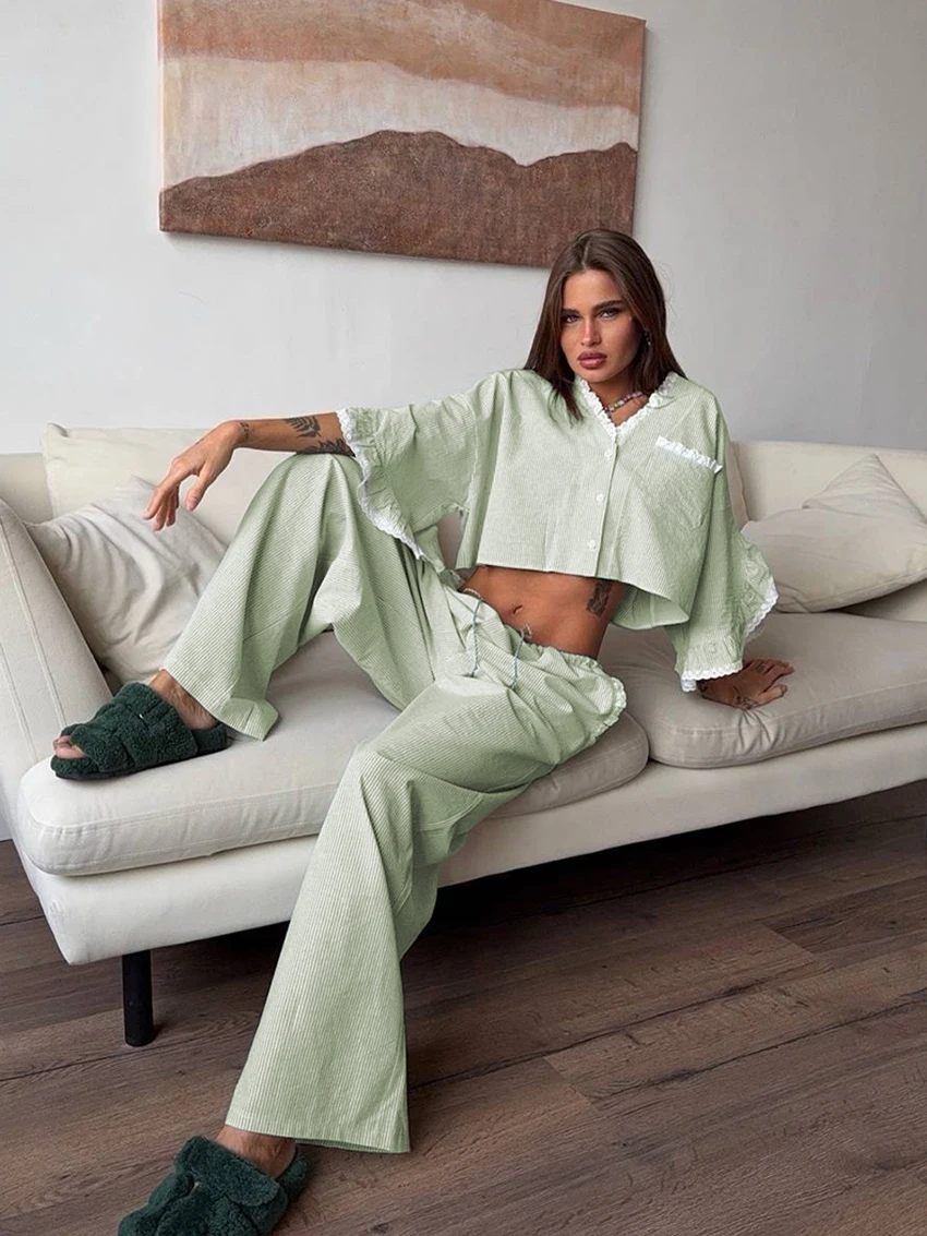 Marthaqiqi Casual Ladies Nightgowns 2 Piece Suit Crop Top Nightie Half Sleeve Pajamas V-Neck Nightwear Pants Cotton Home Clothes