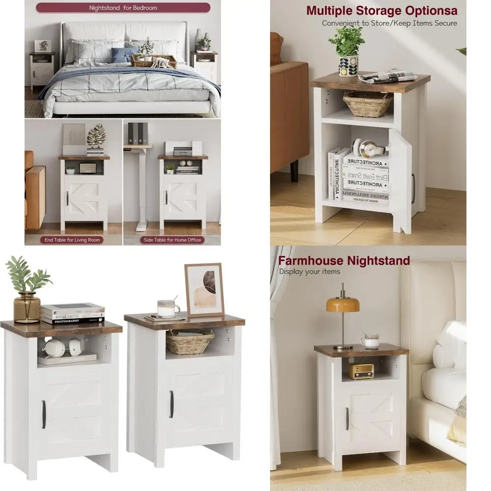 

Тумбочки в современном фермерском стиле с дверцей и полкой для сарая, пара для спальни, белые