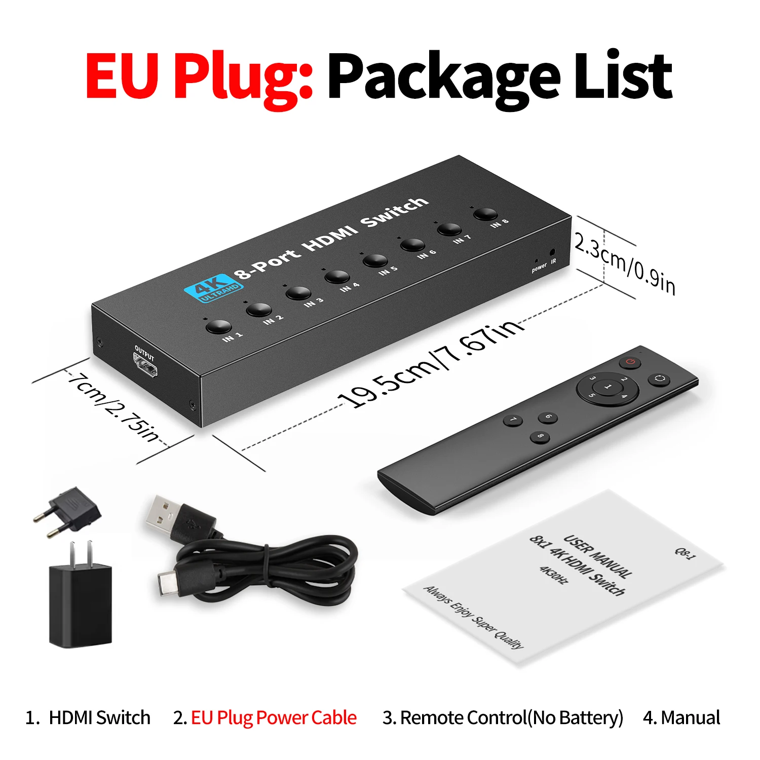 Unnlink 8-in-1 HDMI Switch, 8 poorten, 4K@30Hz HDMI videoswitcher met afstandsbediening, voor het delen van 8 signalen op 1 tv of monitor