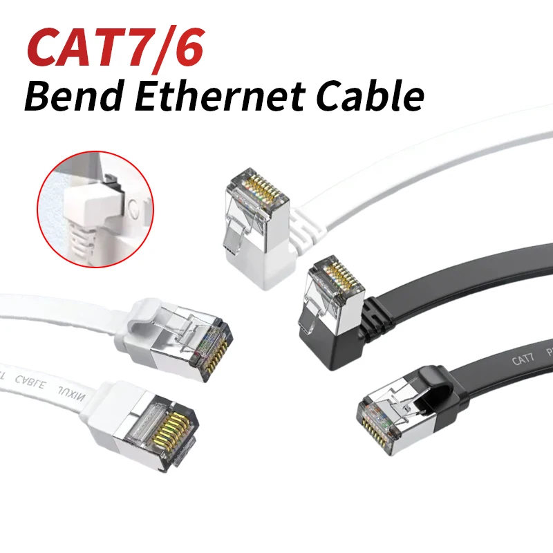 CAT6A RJ45 Network Wire 90 Degree 10 Gigabit Flat Ethernet Cable Bend CAT7 GB TV Router Broadband Line Universal L-type UP Down