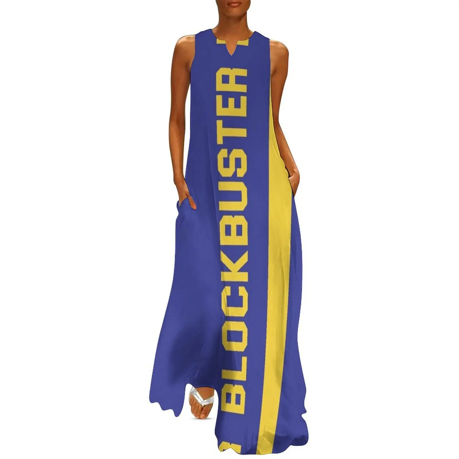 

Blockbuster Video 90s VHS Rental Store Merchandise Blue Yellow Long Dress loose women's dress bandage dress