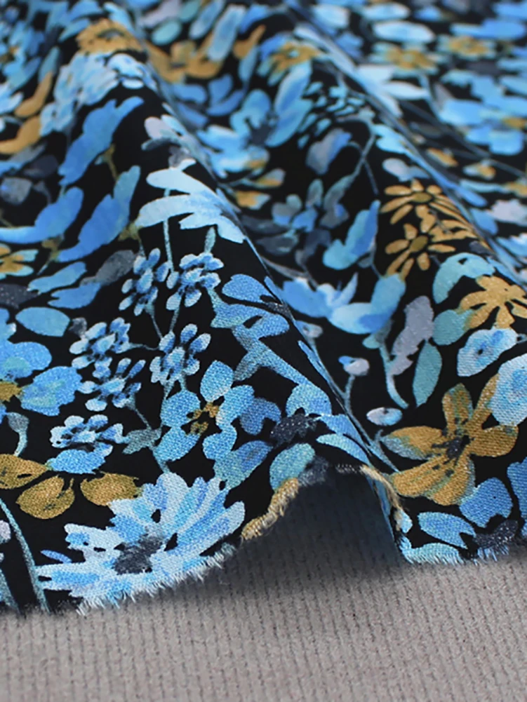 Blue New pastoral Style Pure Cotton Small Floral Fabric for DIY Handmade by Half Meter