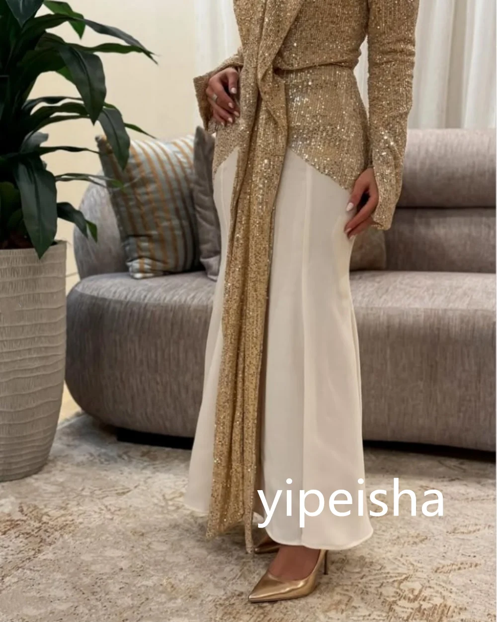 Customized Mermaid V-neck Sequined Bespoke Occasion Dresses Long Sleeve Glitter wedding party dress Ankle-Length Prom Gowns