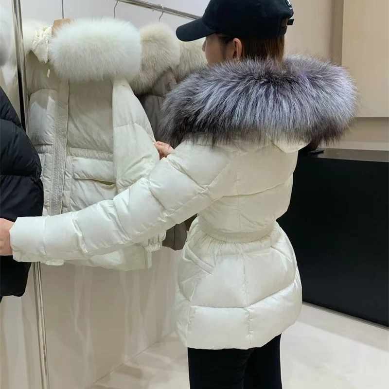 Winter Women Warm White Duck Down Jacket Loose Hood Puffer Coat Natural Real Silver Fox Fur Collar Thick Luxury Outerwear