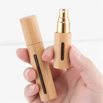 나무 향수 무화기 휴대용 액체 용기, 화장품 여행용 미니 가죽 스프레이 대나무 빈 리필 병, 5 ml, 10ml 
