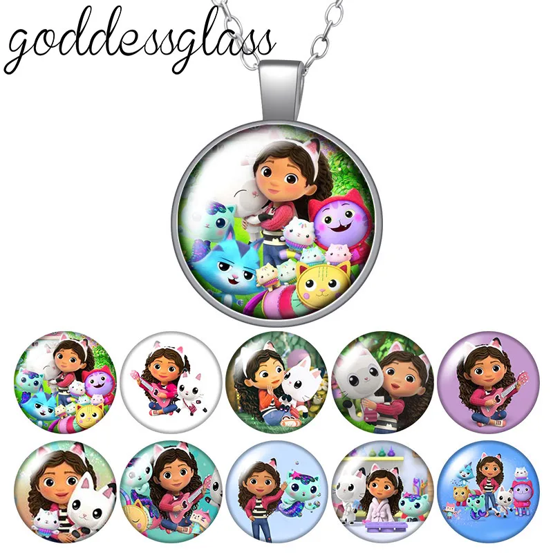 Disney Cartoon gabby dollhouse Girl cat Round Photo Glass cabochon silver plated/Crystal pendant necklace jewelry Gift