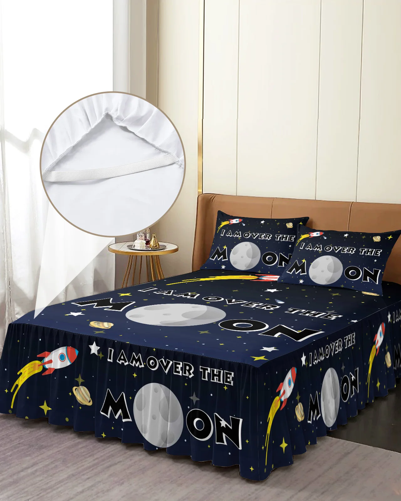 Space Universe Rocket Spaceship Moon Planet Bed Skirt Fitted Bedspread With Pillowcases Mattress Cover Bedding Set Bed Sheet