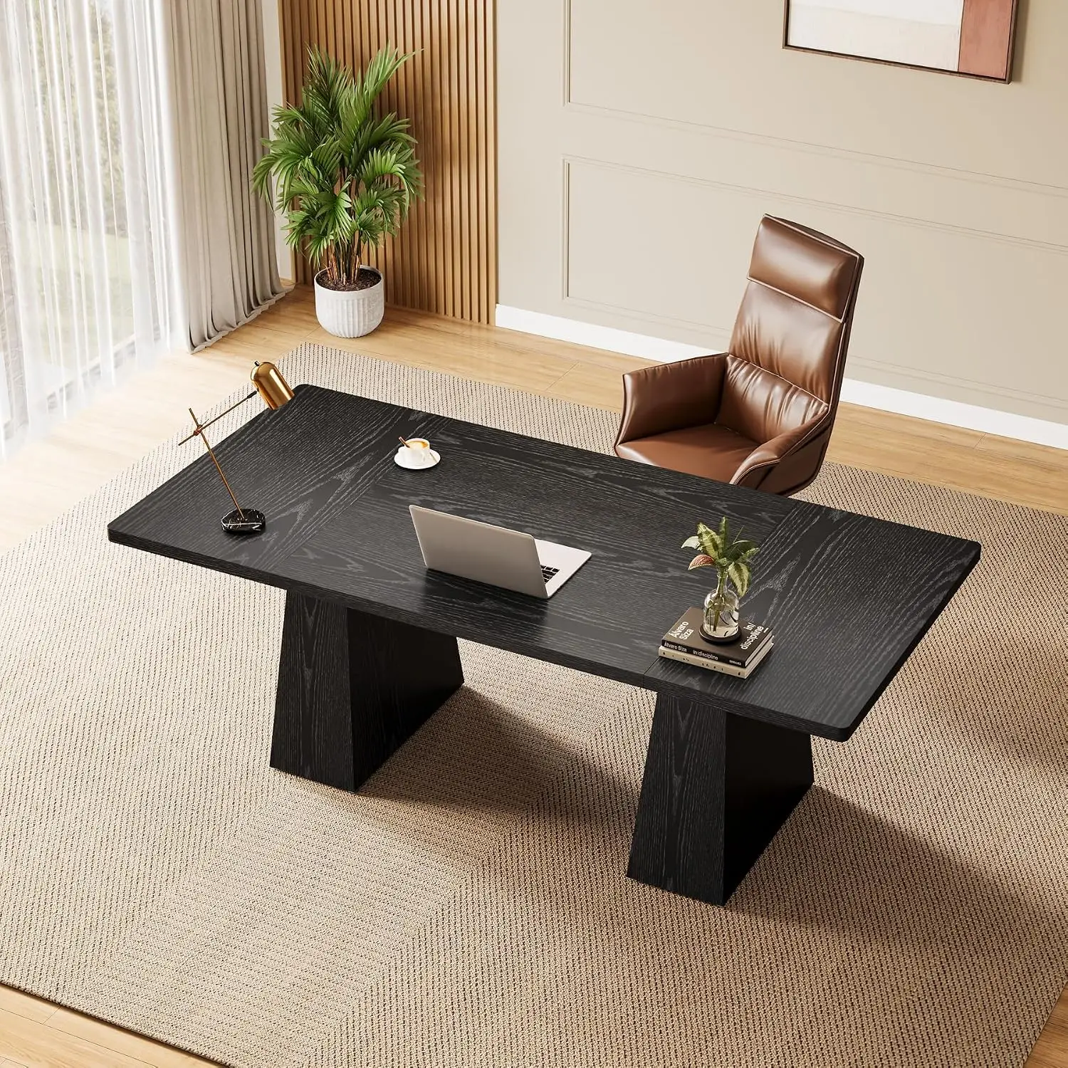 Modern Executive Desk Sturdy Double Pedestal Large Study Writing Table Simple Workstation Home Office 63-Inch Black, Customized