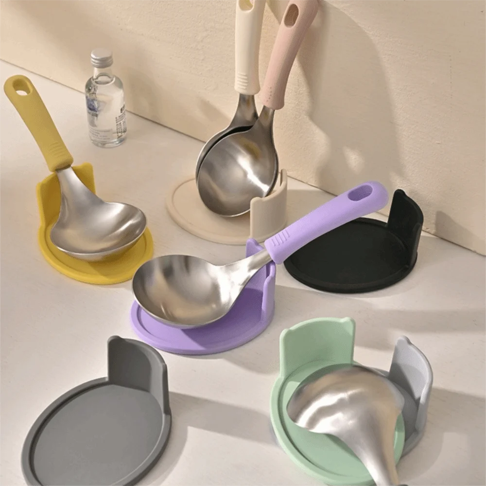 Household With Spoon Rack Korean Soup Spoon Set Silicone Handle Heat-resistant Tablespoon Anti-scalding Hot Pot Spoon Cooking view 3