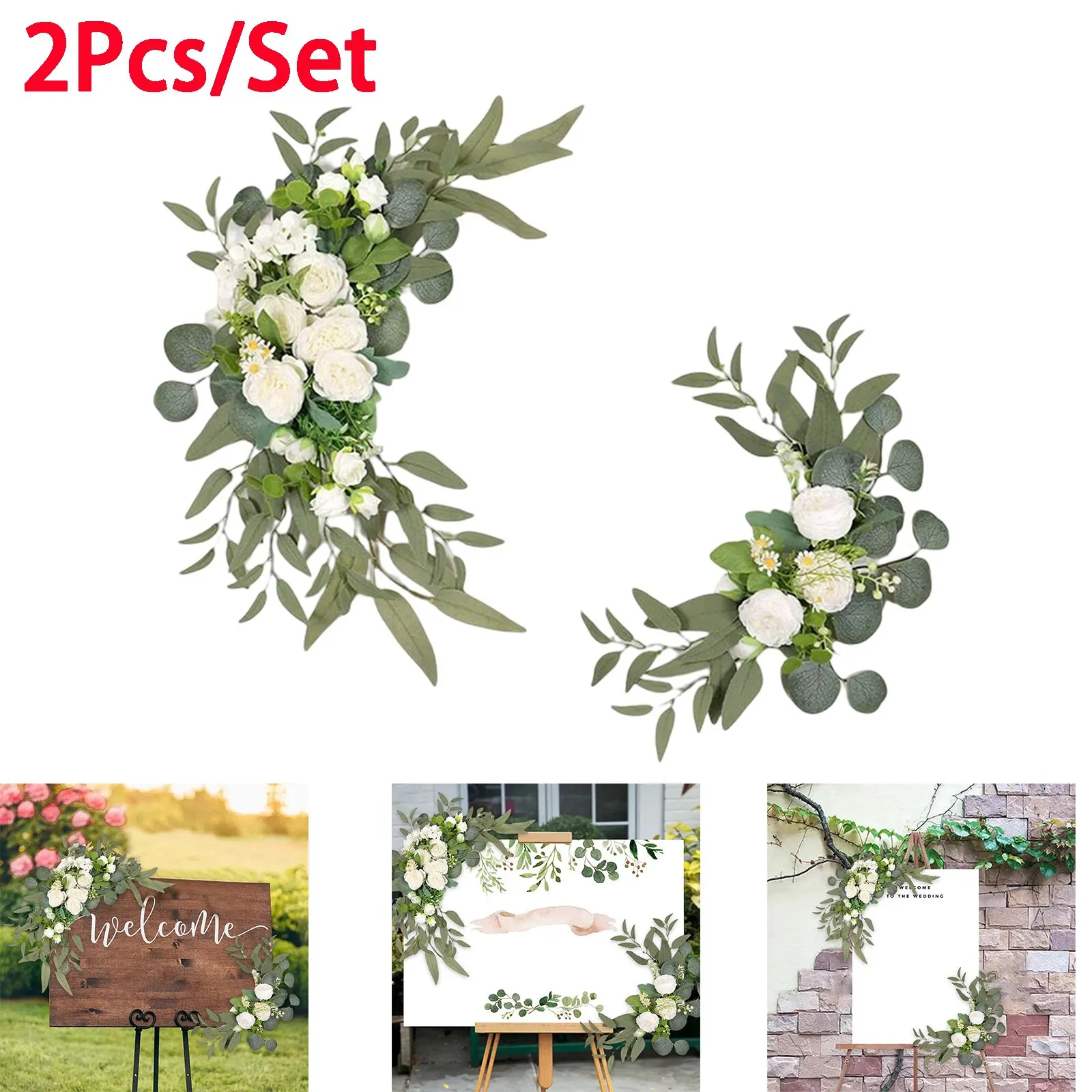 2 Pcs Artificial Wedding Arch Flowers Kit Wedding Flowers Garlands Silk Peony Flower Swag Welcome Sign Floral for Ceremony Party