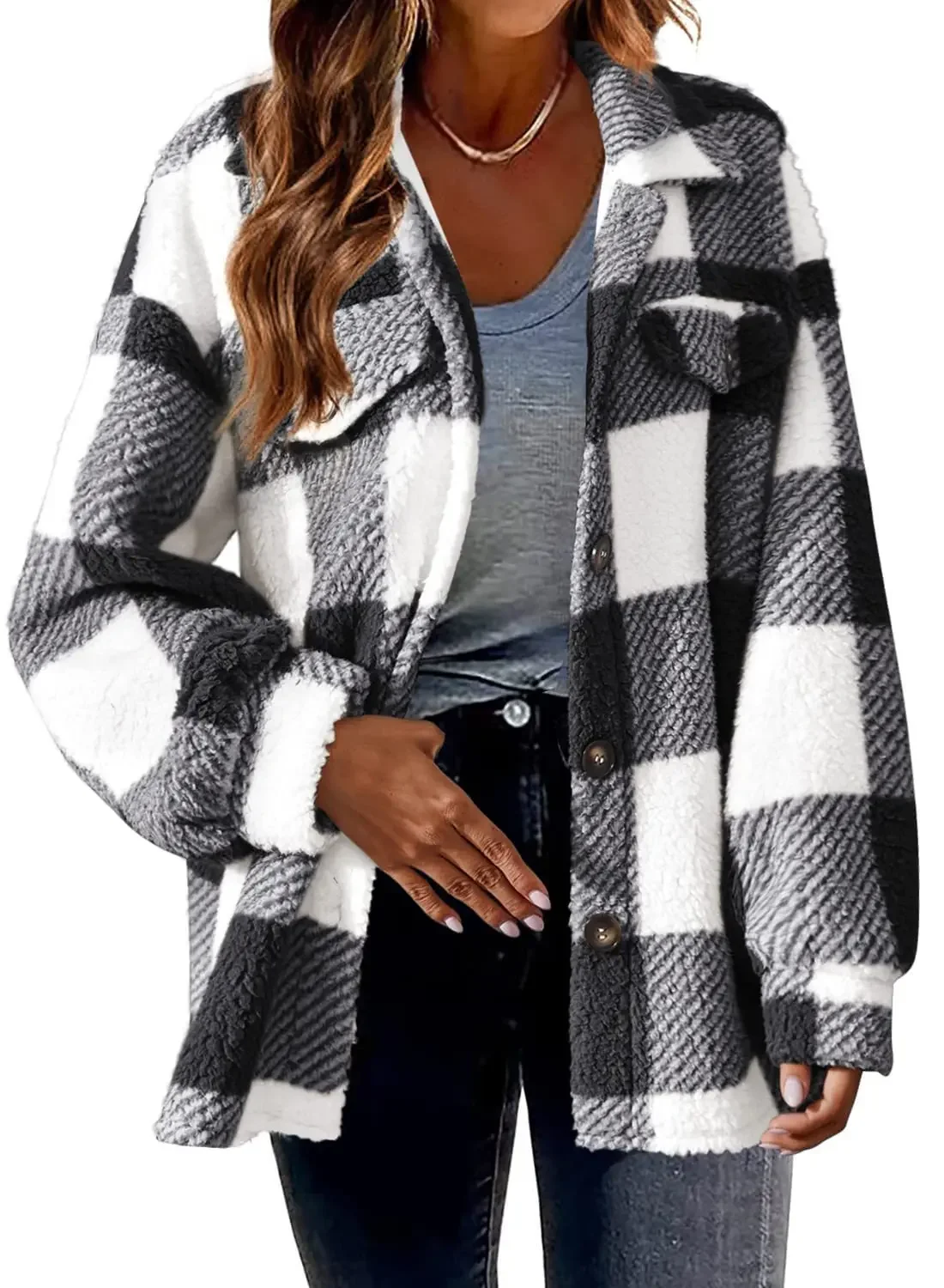 Women\'s Fashion 2023 New Autumn and Winter Pocket Plaid Jacket Button Plush Jacket for Warmth, Leisure and Elegance