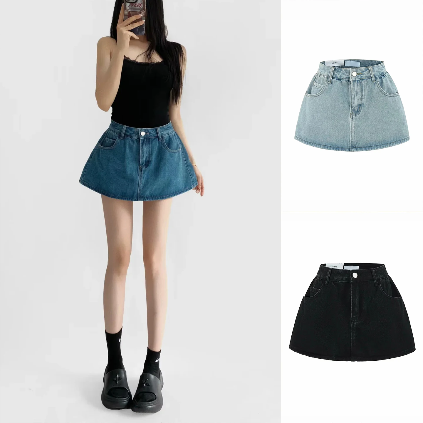 

Новая летняя джинсовая юбка трапециевидной формы в стиле ретро с высокой талией, женская модная антилегкая юбка из полиэфирного волокна с подолом