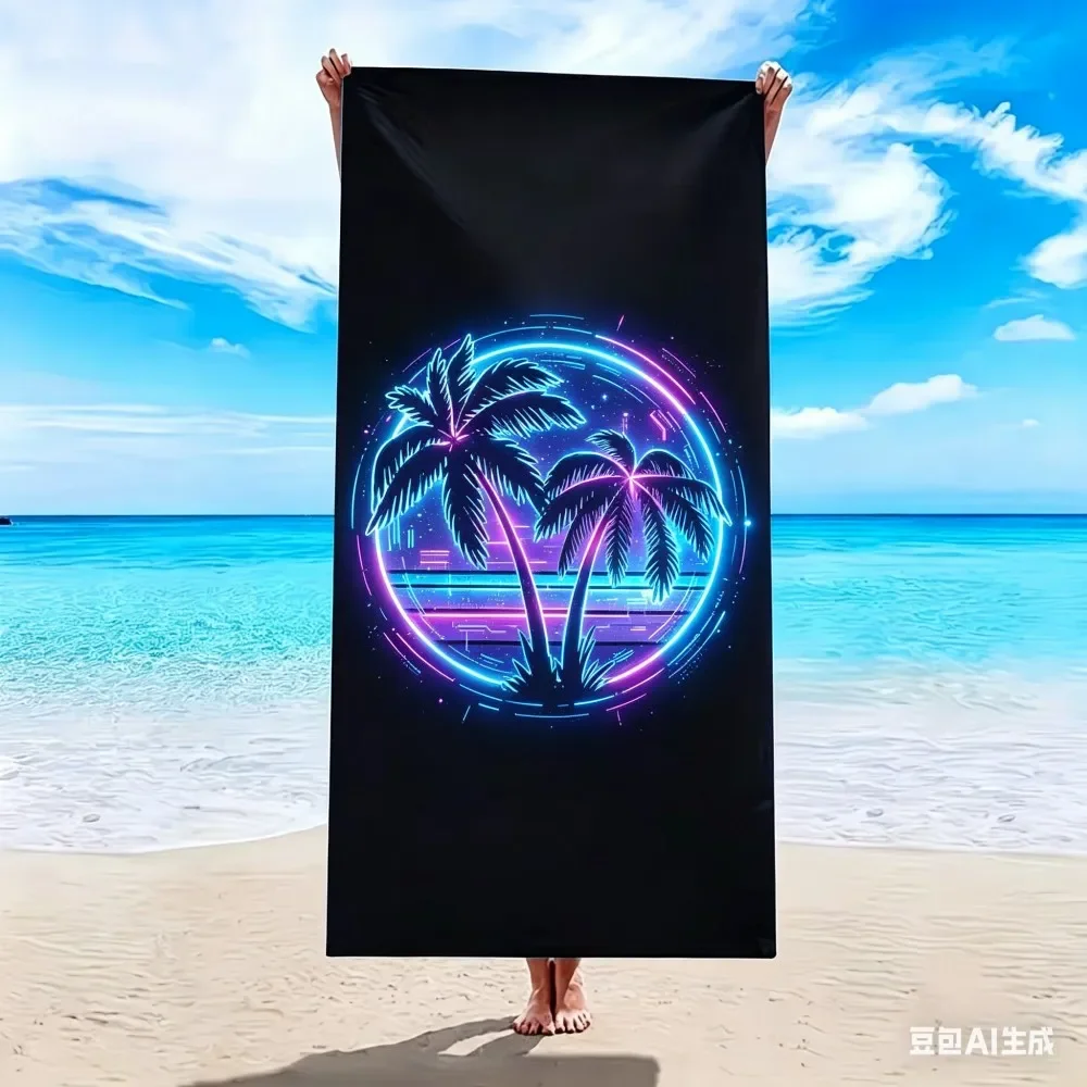 Retro Sunset Palm Tree Beach Towel Large Soft Absorbent Shower Towel Summer Seaside Pool Party Sunbathe Blanket Black Style