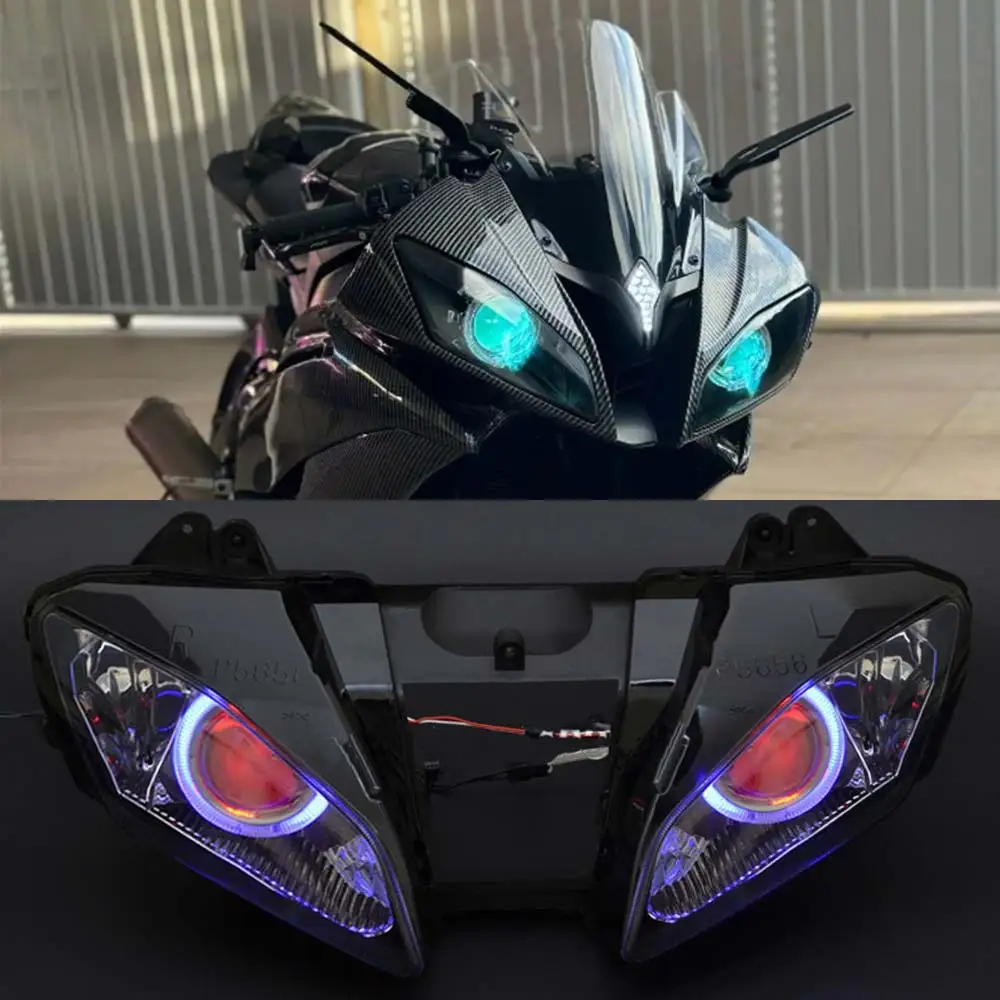 

For 2008-2015 Yamaha YZF-R6 Motorcycle Modified Custom Front LED Headlight Assembly HID Blue Angel Eye Red Demon Eye