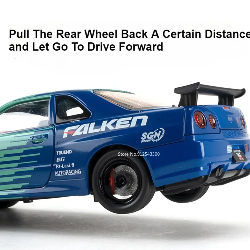 1:24 GTR SKYLINE R34 Automodel Speelgoed Licht Geluid Trek Deuren Geopend Miniatuur Straatwagen Modellen Collectie Cadeaus voor Kinderen