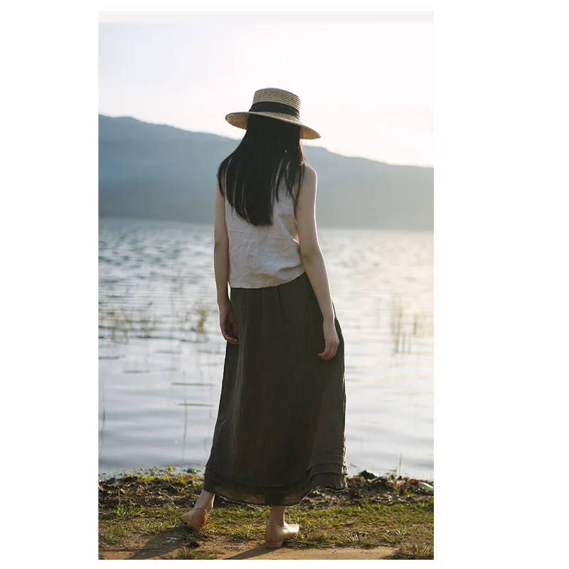 High-end Linen Spring and Autumn Women's Skirt Gray A-line Casual Skirt Loose Plus Size Fat Girl 3XL 100KG Comfortable Outdoor