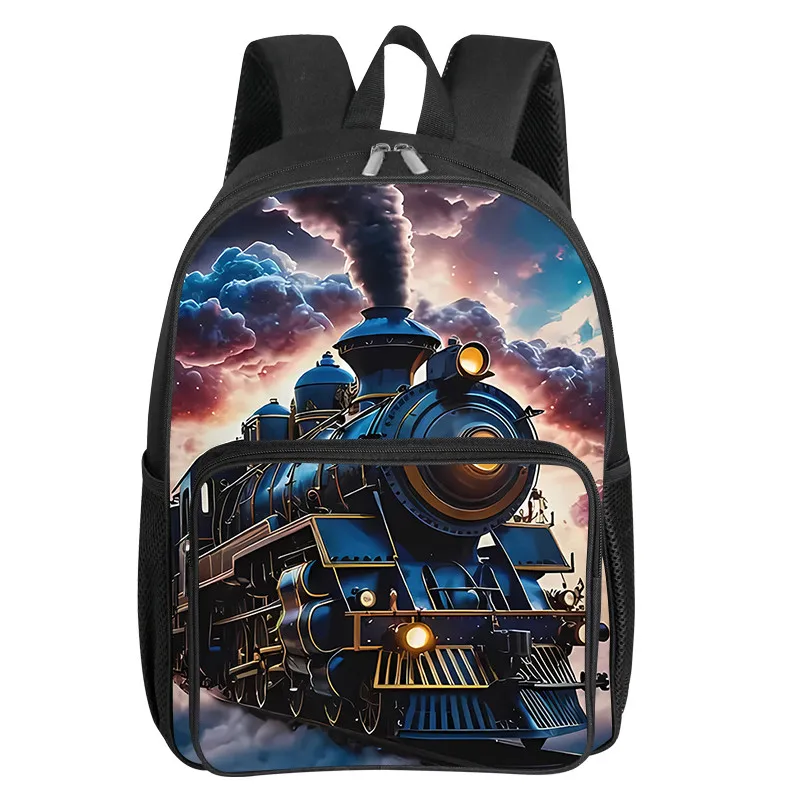 Cartoon Train Pattern Square Front Pocket Backpack for Boy and Girls Best Gifts 2D Flat Cartoon SchoolBags for Children