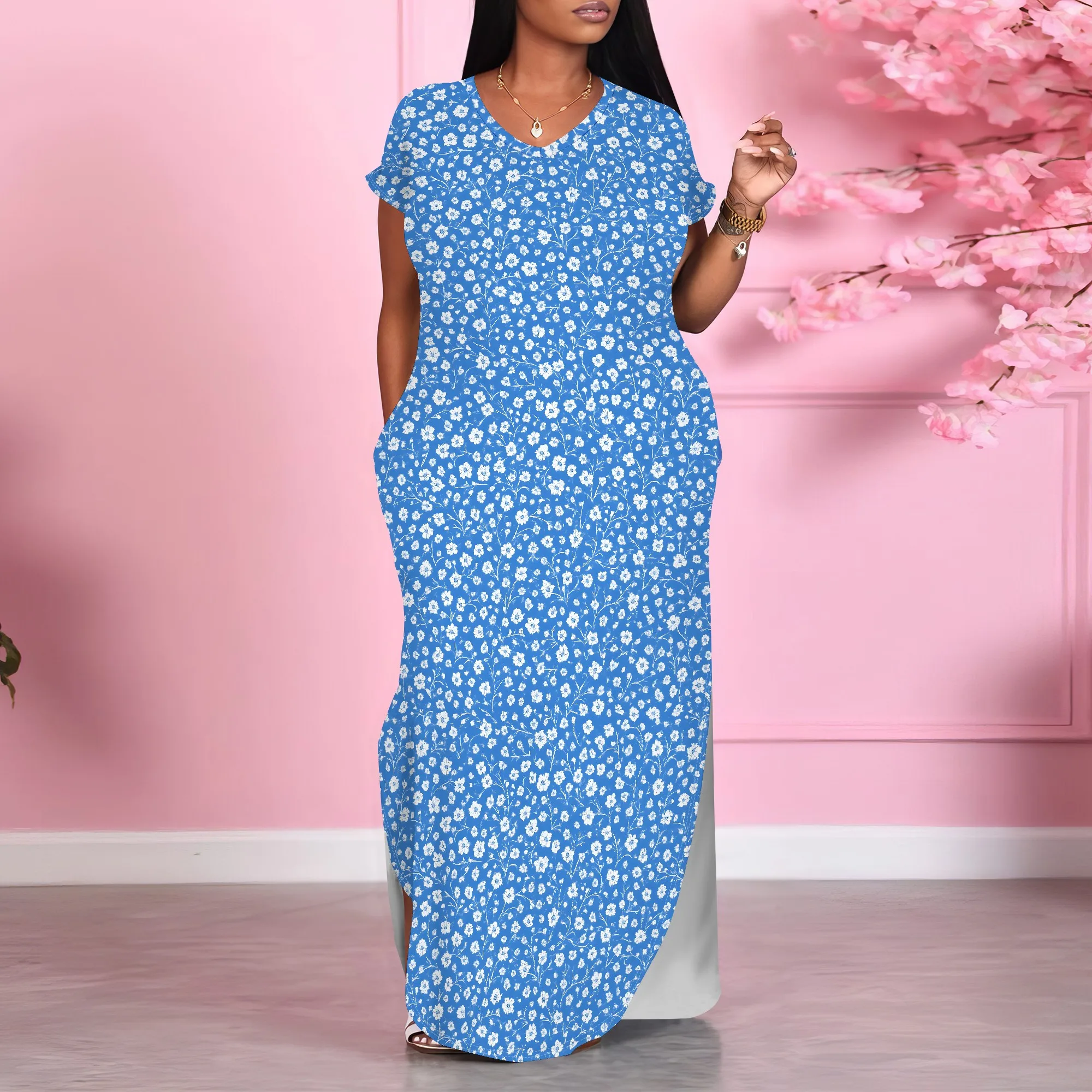 ผู้หญิงฤดูร้อนลําลองแขนสั้น V คอ TShirt ชุดยาวหลวมด้านข้างแยก Beach Maxi Dresses พร้อมกระเป๋า