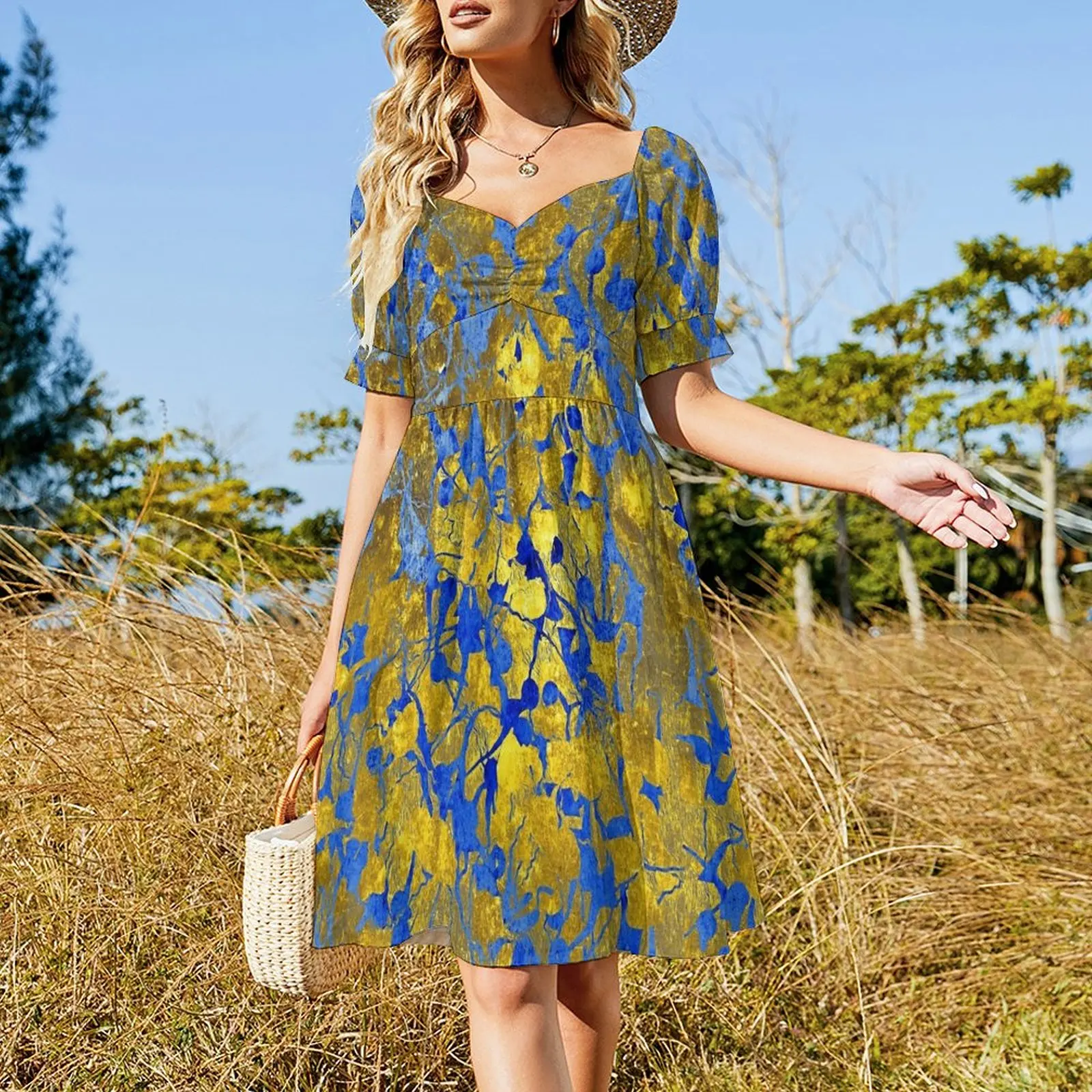 Blue Splash on Gold Short Sleeved Dress dresses with long sleeves woman dress women's luxury party dress