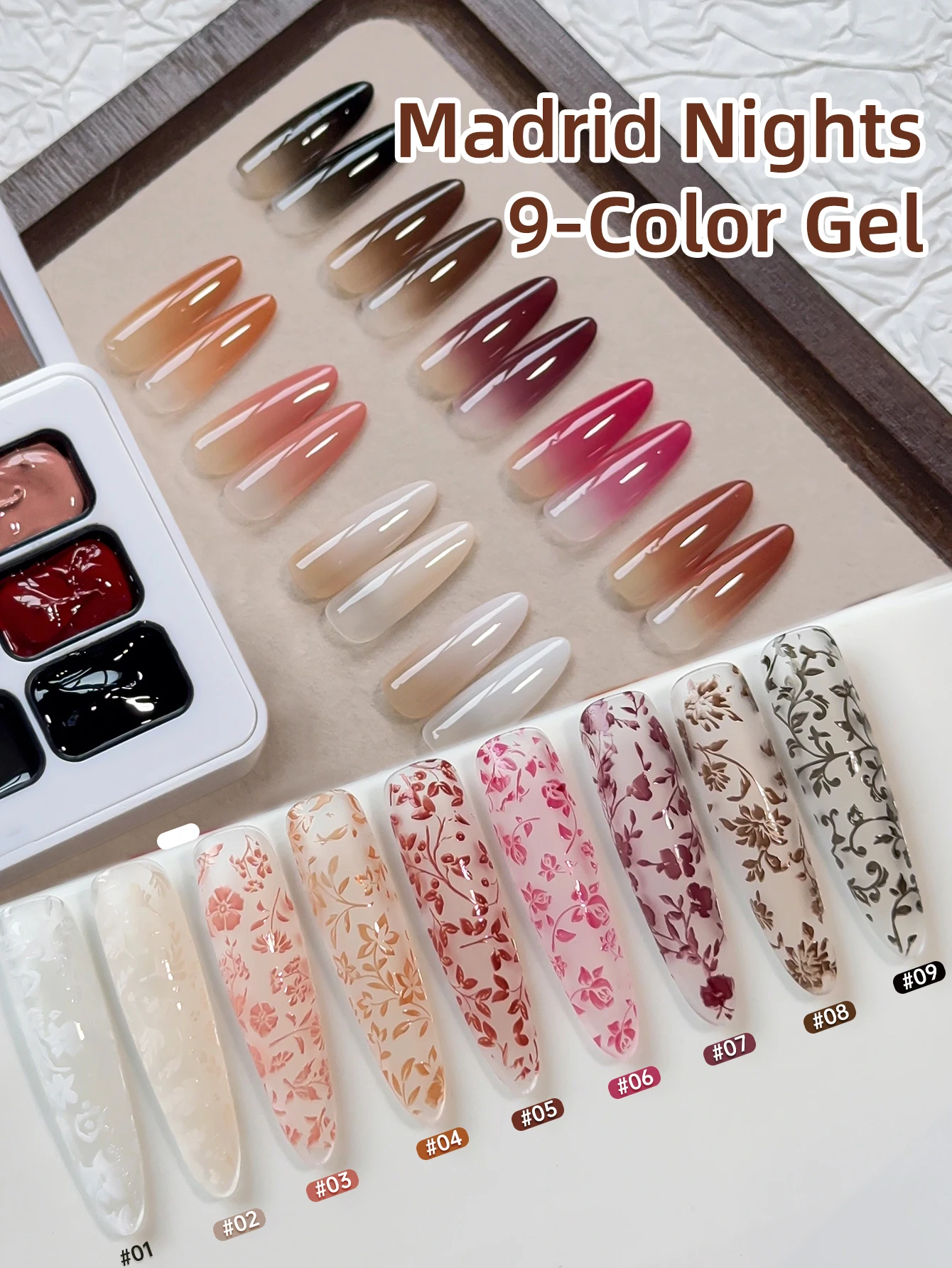 กาวทาเล็บ 9 สี Madrid Nights ลายพิมพ์ กาวทาเล็บแบบกึ่งแข็ง สีสดชัด ติดทนนาน ยอดนิยม สำหรับร้านทำเล็บ ใช้เฉพาะทาง