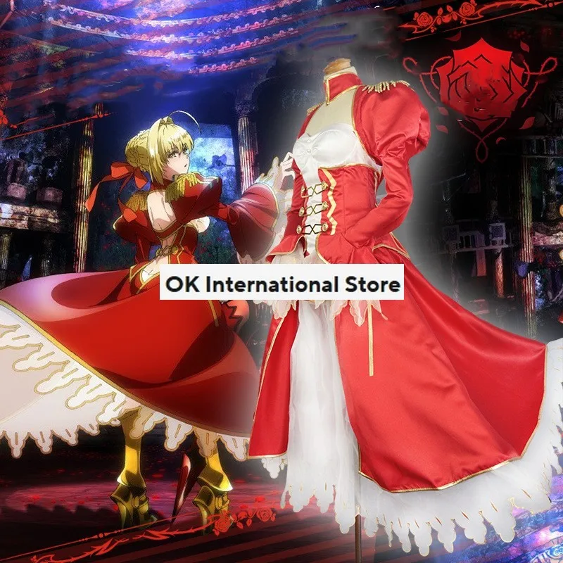 Anime Game Fate EXTRA Nero Claudius Caesar Augustus Germanicus Cosplay Costume Wig Red Evening Dress Woman Sexy Carnival Suit