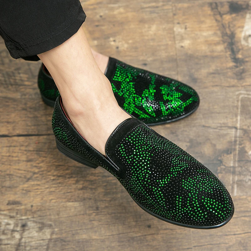 Men Loafers Shoes Suede Heavy Industry Color Blocked Sequin Pointed Leather Shoes Youth Daily Casual Formal Men Shoes