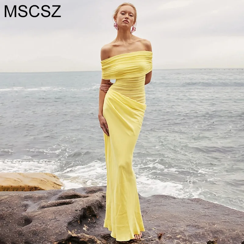 

MSCSZ 2025 New Off Shoulder Mesh Beach Dress For Women Sexy Cut Out Draped Maxi Dress Backless Ruched Long Party Dress