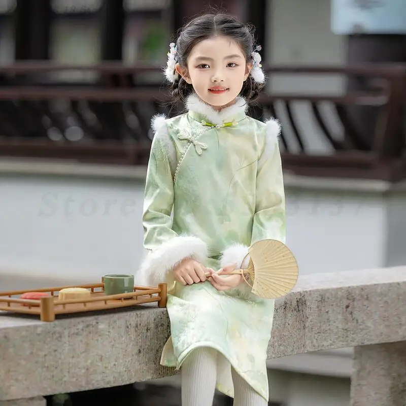 

Новое детское китайское платье с принтом в стиле ретро для девочек, традиционная восточная одежда принцессы, зимнее утепленное длинное платье Cheongsam, новинка Qipao