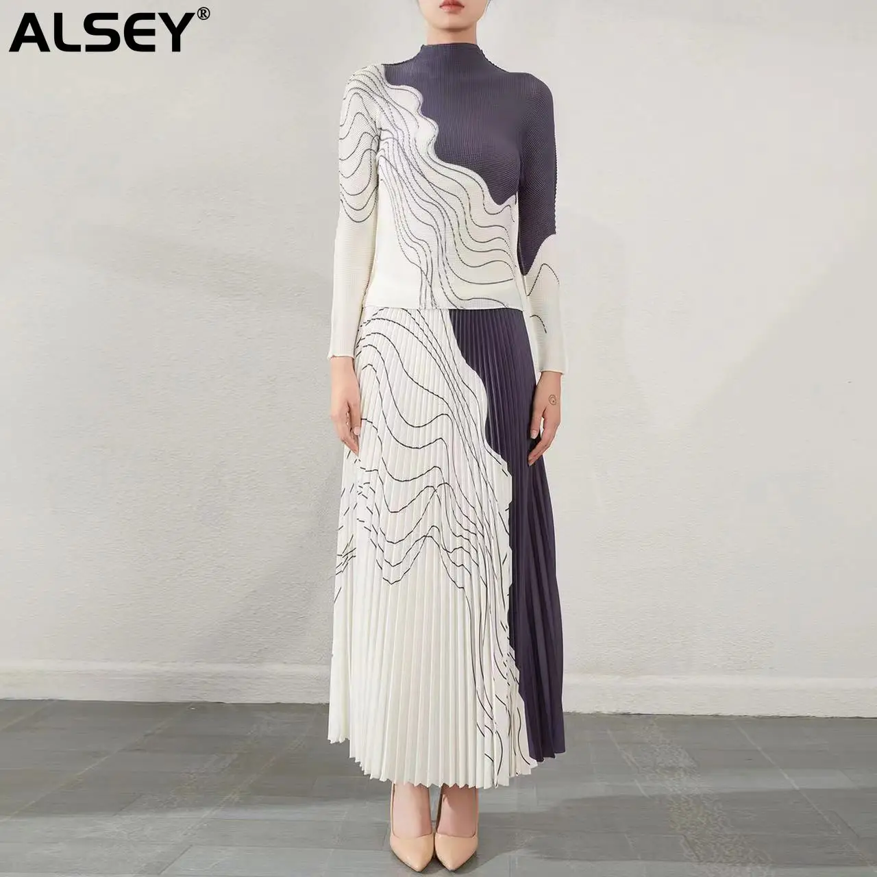 

ALSEY Miyake Pleated Two Piece Set for Women's Spring Autumn New Turtleneck Long Sleeve Print Top+casual Plus Size Skirt Suit