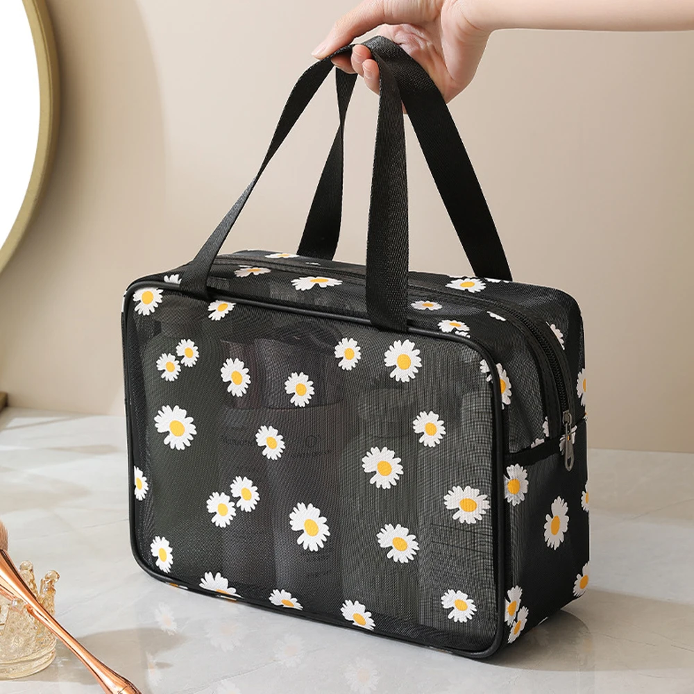 Small Daisy Mesh Large-Capacity Makeup Bag, Beach Travel Skincare Storage Bag, Portable Toiletry Bag for Women