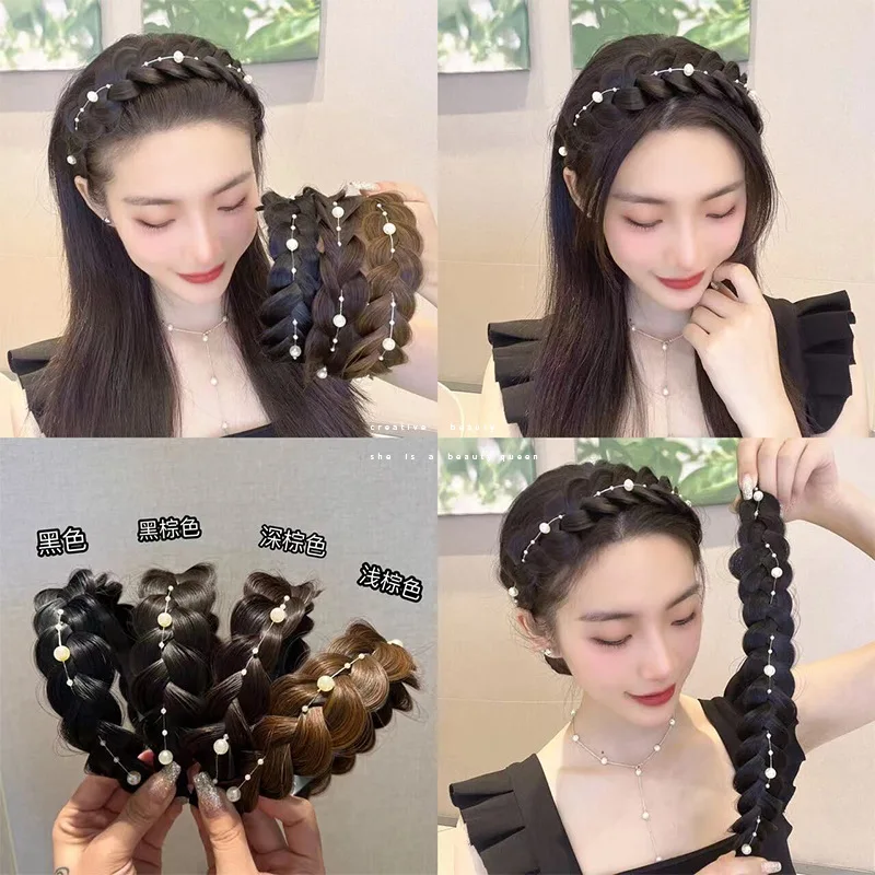 New Pearl Fishbone Briad Wig Hairbands for Women Wide Twist Pearl Sring Teeth Headband Retro Hair Accessories Headwear