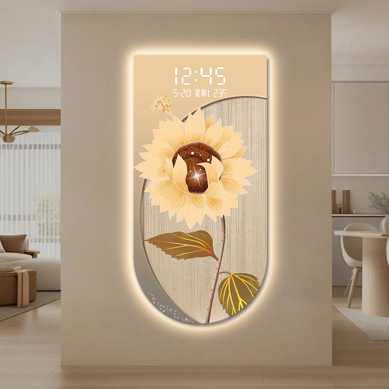 #￥Golden Flower Decorative Painting U-shaped Carving Clock with Electronic Digital Display Plug in Version Watch with LED Light