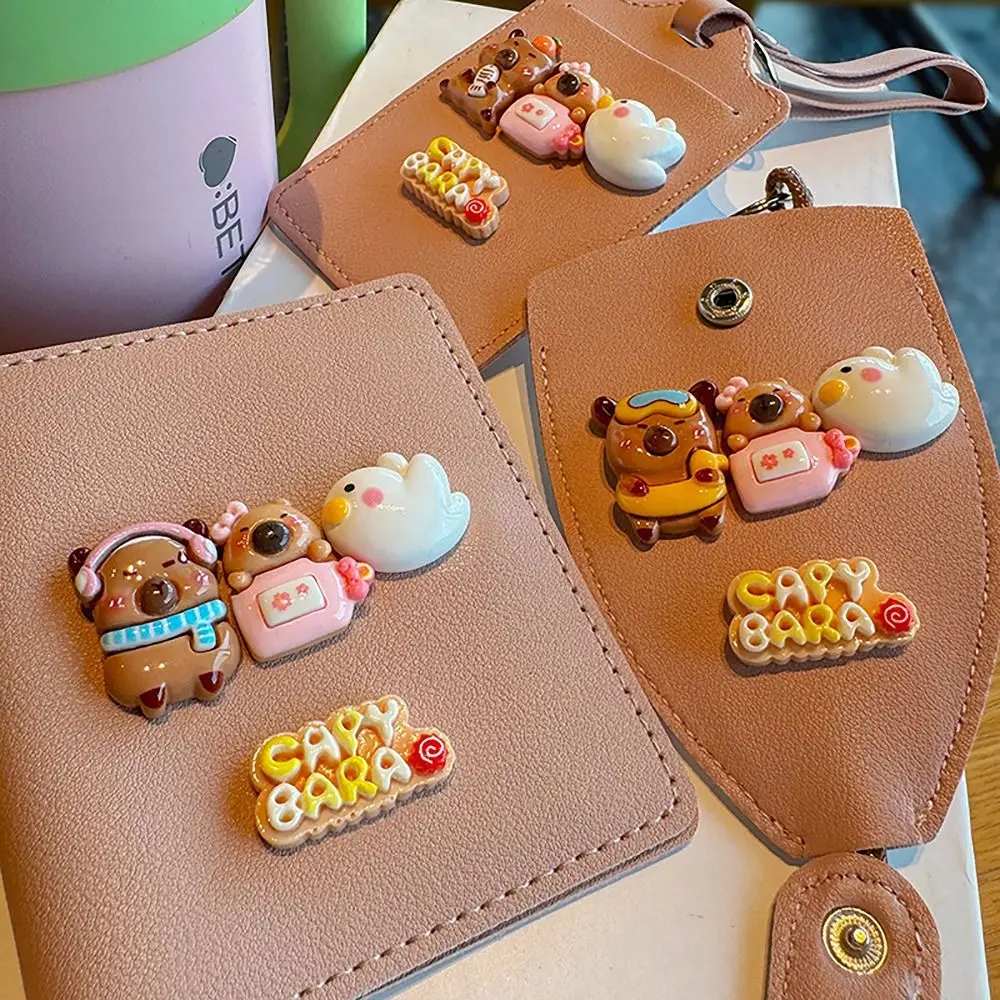 Capybara Card Storage Bag PU Leather Push-button Type Key Protective Cover Bus Card Organizer for Children Women Student