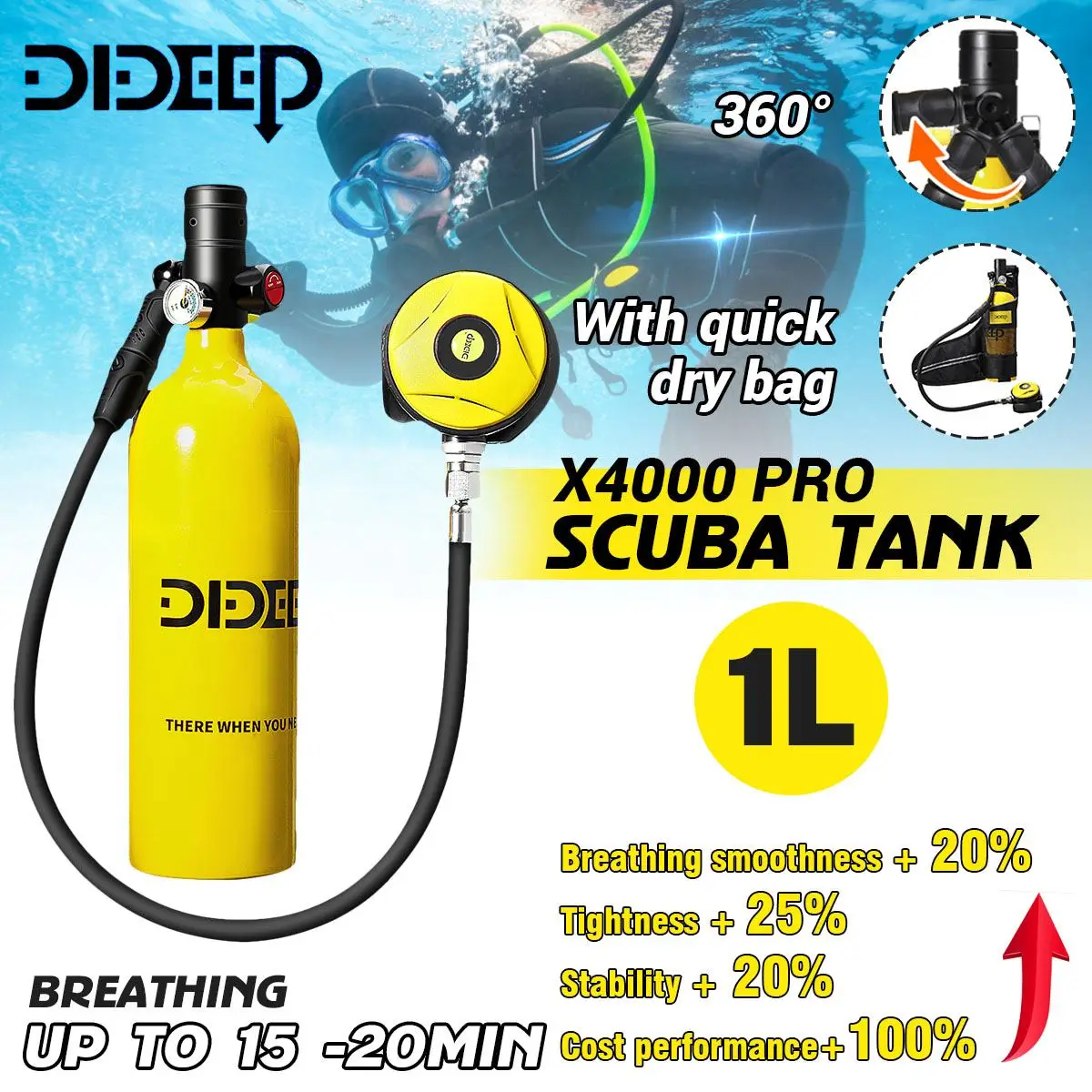 DIDEEP X4000Pro 1L Scuba Diving Snorkel Tank Mini Oxygen Cylinder Respirator Hand Pump For Swimming Accessories Diving Equipment