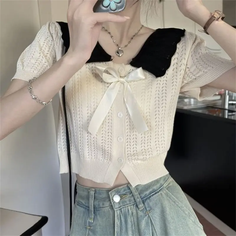 Women Summer Simplicity Slim Sweet Bow Hollow Out Peter Pan Collar Short Sleeve Knitting Shirts Ladies Casual All-match Tops