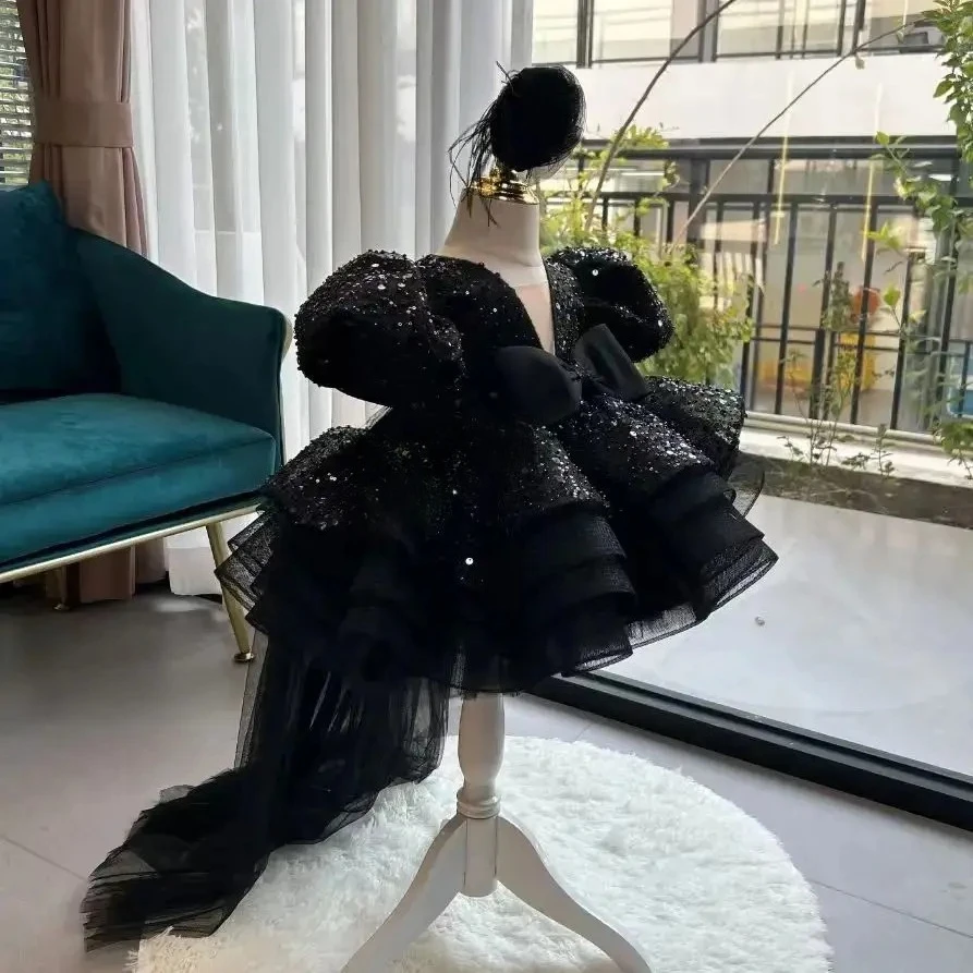 Dream Girl Wedding Cocktail Dress Puffy Sleeve Sequins Delicate Party Ball tulle little tail 0-12 years old gift little hairpin