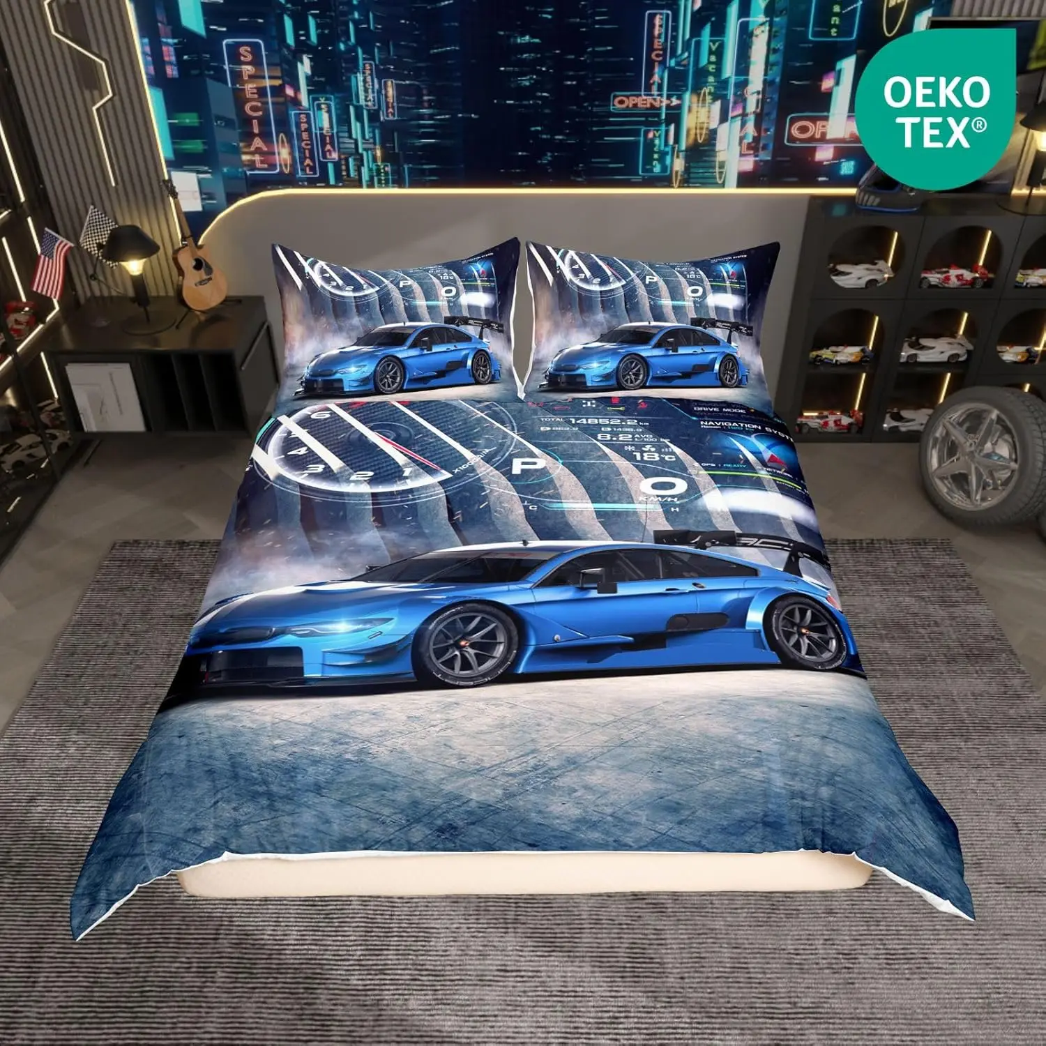 Racing Car Duvet Cover Sets Double Size Blue Grey Race Car Bedding Set With 2 Pillowcases Speed Sports Automobile