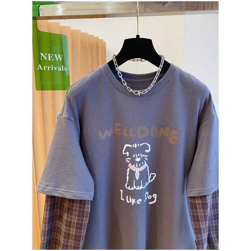 카툰 프린트 페이크 투피스 체크 긴팔 티셔츠 여성용 루즈핏 이너 셔츠 가을