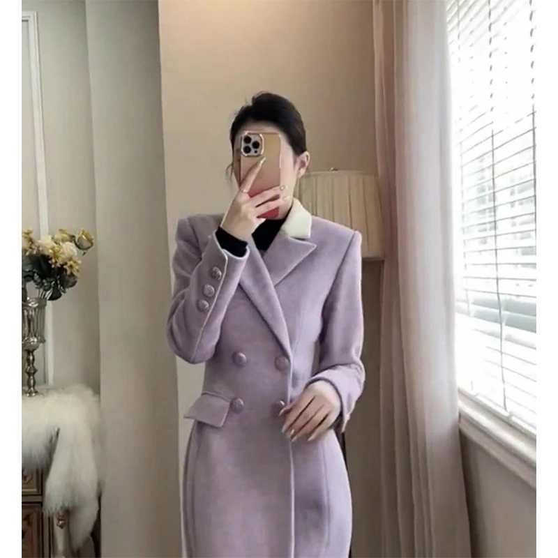 MEXZT Elegant Long Wool Blends Coats Women Korean Quilted Blazer Jackets Double Breasted Woolen Overcoat Winter Thick Outerwear