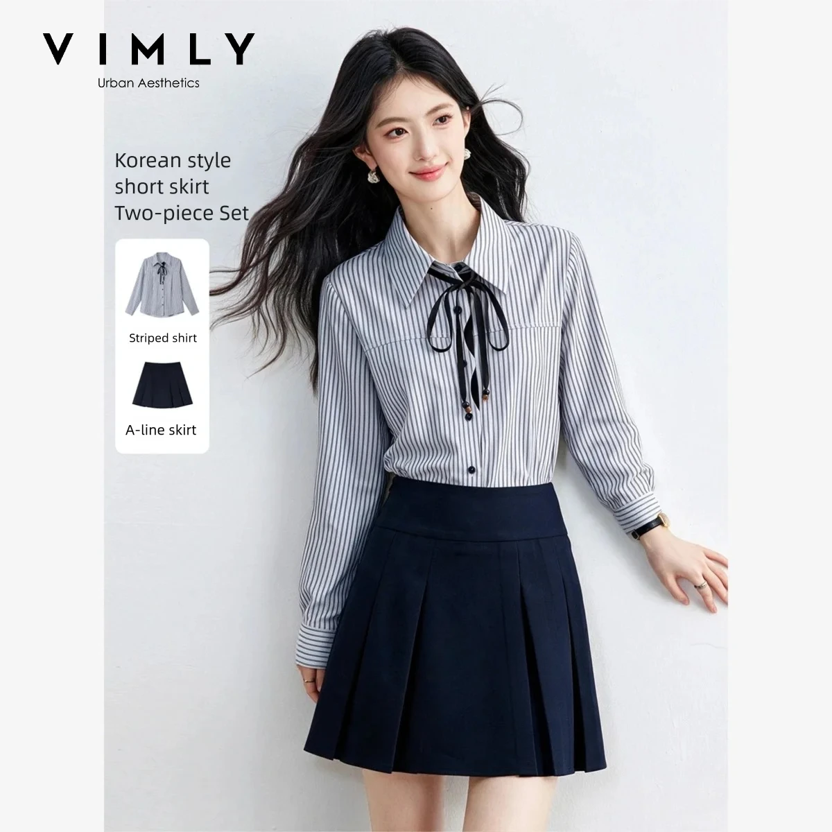 VIMLY Women Two‑piece Set Blue Striped Tie‑up Shirt Short Pleated Short Skirt Elegant Long Sleeve Blouse Mini Skirt Outfit 31757