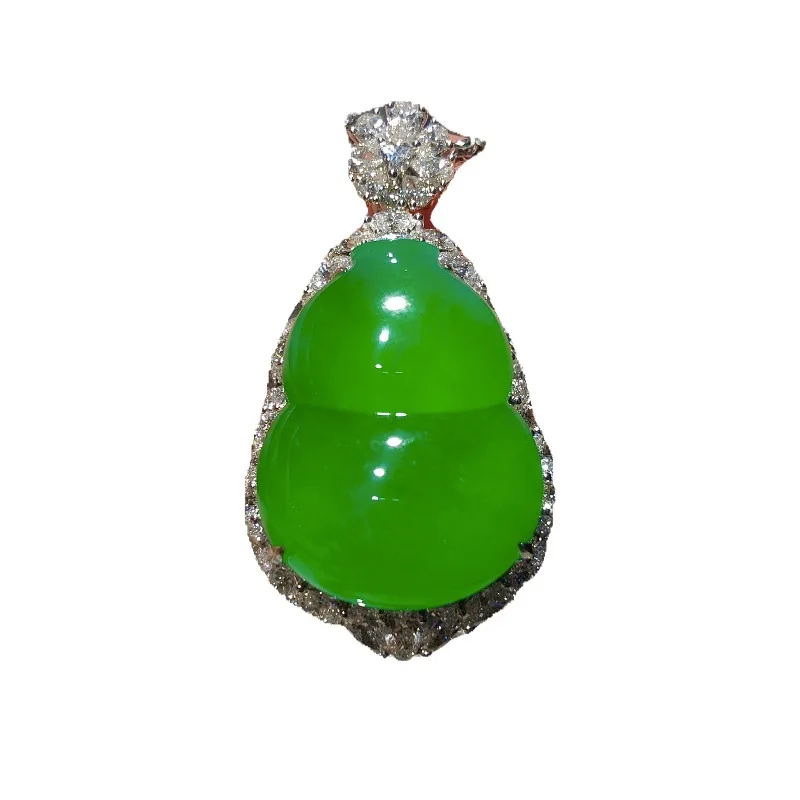 Ice-type positive yang gourd jadeite pendant, natural and authentic from Myanmar, inlaid with 1k gold, imperial green, ful