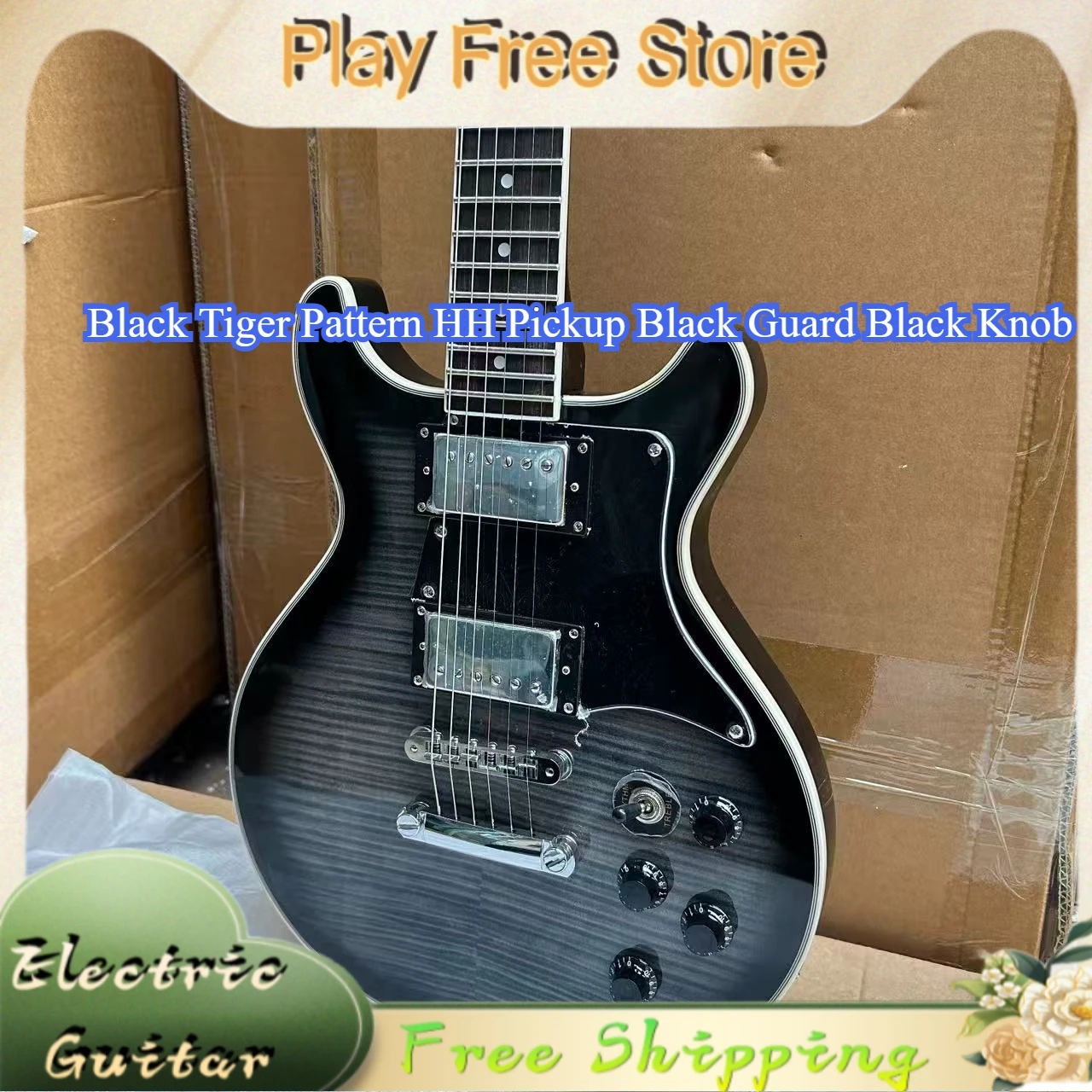 Studio Electric Guitar Black Tiger Pattern HH Pickup Black Guard Black Knob Rose Wood Fingerboard Free Shipping Dot Shell Taste