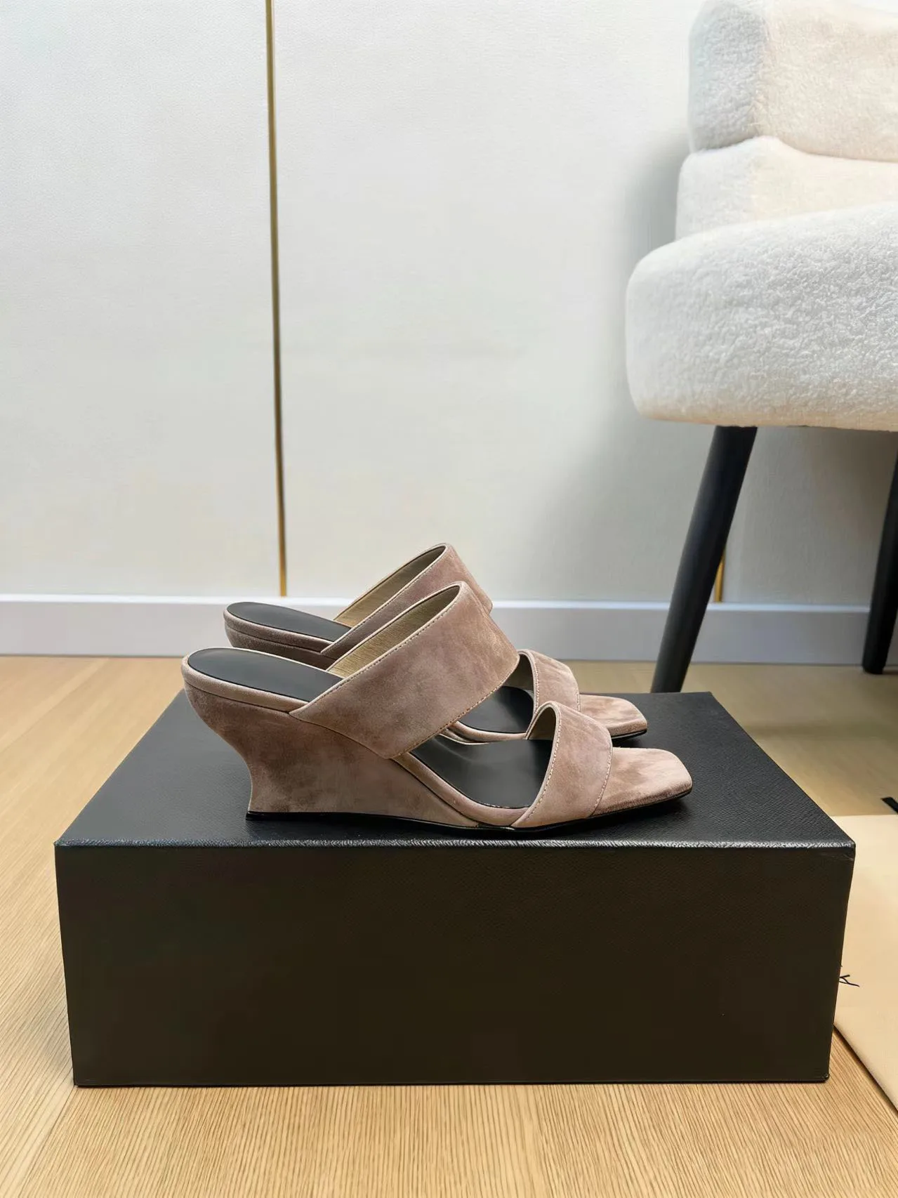 

Women Suede Wedge Mules Sculptural Wedge Heel Double Upper Straps