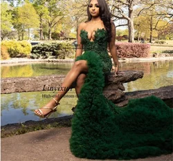 Emerald Green Mermaid Prom Dress For Black Girls High Slit Rhinestone Beaded Evening Party Gowns Customized Vestidos De Gala