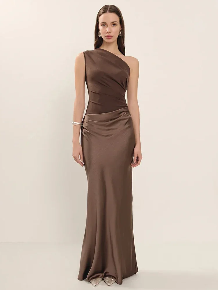 XIAOTANG Satin Inclined Shoulder Sexy Maxi Dress Women Fashion Patchwork Sleeveless Backless Bodycon Evening Club Party Dress