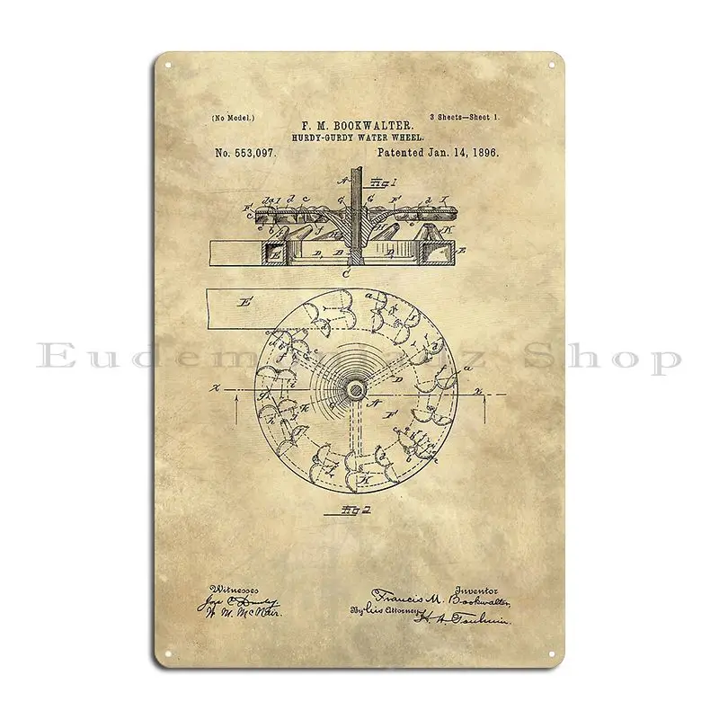 Water Wheel Hurdy Gurdy Vintage Blueprint Patent Drawing 1896 Metal Plaque Garage Designing Designer Mural Tin Sign Poster