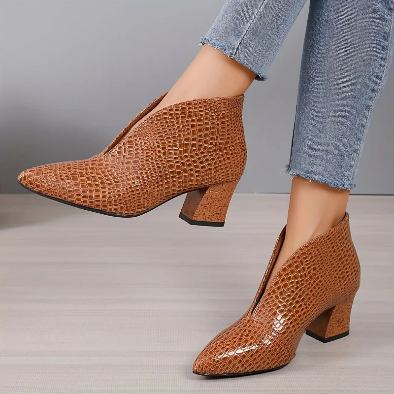 

Temperament Slip-on Booties Autumn New Pointed Toe Waterproof and Non-slip Block Heel Single Shoes